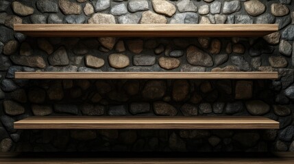 Poster - Empty wooden shelves with a stone wall background in a 3D rendering for product display