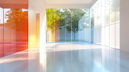 Poster - 3D rendering of an abstract interior featuring white and colored gradient glass elements with a window