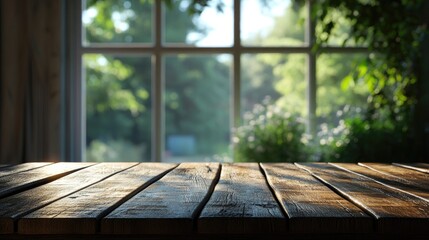 Poster - 3D rendering of a wooden table surface with a blurred window background for product display or key visual layout design