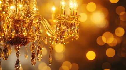 Poster - 3d rendering of golden bokeh effects from a stunning crystal chandelier