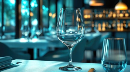 Poster - 3D rendering of an empty glass set in a restaurant interior featuring enchanting blue tones