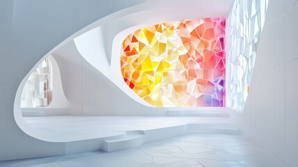 Poster - 3D rendering of an abstract white parametric interior featuring a window with polygonal colored design