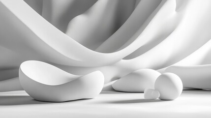 Poster - Dynamic abstract interior featuring smooth white objects against a black backdrop 3D rendering and illustration