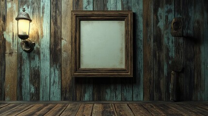 Aufkleber - 3d rendering of an antique picture frame against a rustic wooden wall