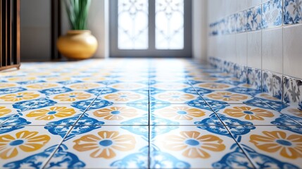 Poster - 3D rendering of beautiful Moroccan ceramic tile flooring in blue white yellow and brown colors showcased on a vertical background
