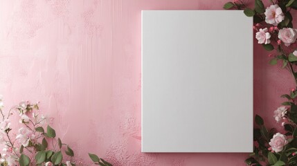 Poster - 3D rendering of a corner of a white primed canvas on a stretcher set against a backdrop of a pink vintage wooden board with flowers