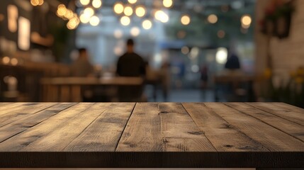 Poster - 3D rendering of a wooden table in a blurred coffee shop or cafe setting with abstract bokeh light effects featuring people in the background