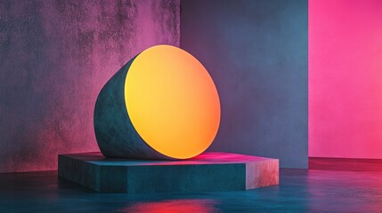 Poster - Abstract minimalist interior featuring a gradient colored sculpture in a night setting 3D rendering and architectural background