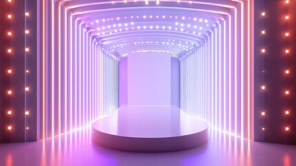 Poster - 3D rendering of a futuristic white product podium in an illuminated space with neon lighting