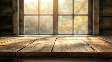 Poster - 3D rendering of a wooden table surface with a blurred window background for product display or key visual layout design
