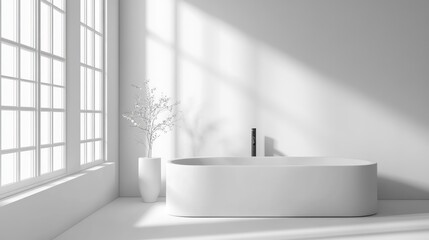 Fototapete - 3D rendering of a modern faucet on a washstand in a minimalist bathroom with white walls