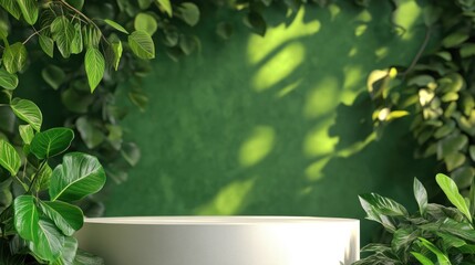 Poster - 3D rendering of a white podium with a green backdrop for displaying eco friendly products