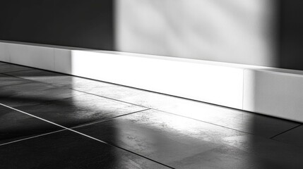 Poster - 3D rendering of a bright white wooden beam corner reflecting light alongside a dark ceramic tile floor with shadows in the background