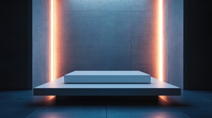 Poster - 3D rendering of a futuristic white product podium in an illuminated space with neon lighting