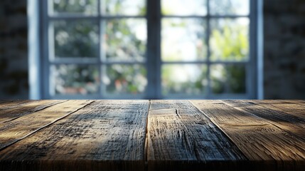 Poster - 3D rendering of a wooden table surface with a blurred window background for product display or key visual layout design