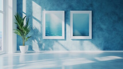 Poster - 3D rendering of a blue and white interior environment featuring two interchangeable pictures