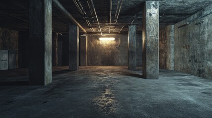 Poster - Empty interior of a dark basement with concrete walls 3D rendering of architectural background