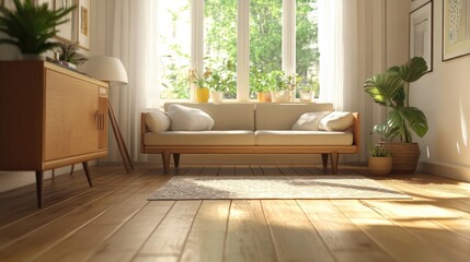 Poster - 3D rendering of a Scandinavian inspired interior featuring a sofa and wooden flooring