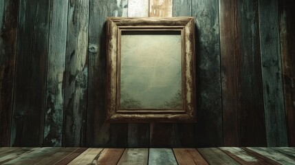 Poster - 3D rendering of an antique picture frame on a rustic wooden wall