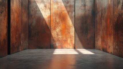 Poster - 3D rendering of a smooth empty abstract room interior featuring rusted metal sheets showcasing an architectural background