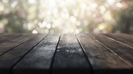 Poster - 3D rendering of an empty dark wooden table with an abstract blurred bokeh background ideal for showcasing or montaging products