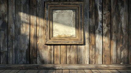 Poster - 3D rendering of an antique picture frame on a rustic wooden wall