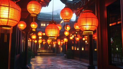 Aufkleber - 3d rendering of traditional chinese lanterns in a vibrant urban setting