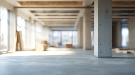 Poster - 3D rendering of a blurred focus on the interior work in a modern office under construction