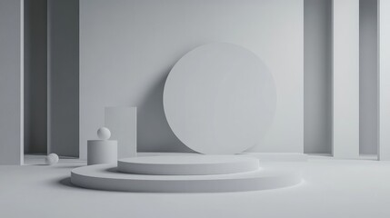 Poster - 3D rendering of a modern light grey photo background with professional studio equipment