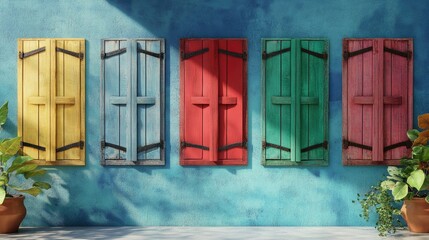 Poster - Colorful wooden window design with 3D rendering on the wall