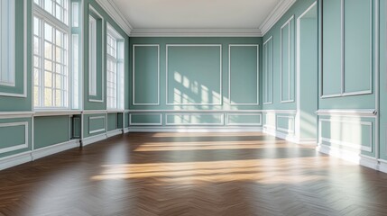 Poster - 3D rendering of an empty room featuring light green walls oak parquet flooring and reddish wood accents