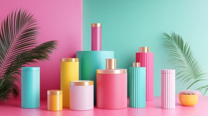 Poster - Colorful 3D rendering of a product stand mock up for presentation on a vibrant background