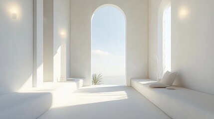 Poster - Minimalistic architectural interior in white featuring a window 3D rendering and illustration