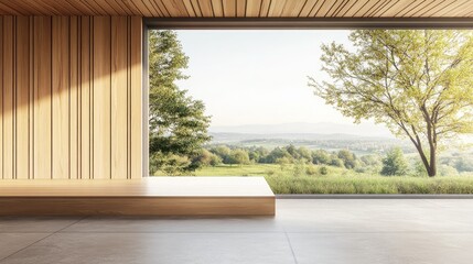Poster - Beige and wooden empty home interior with a mock up blank wall and panoramic window showcasing a countryside view Living or relaxation room design in 3D rendering featuring no furniture or people