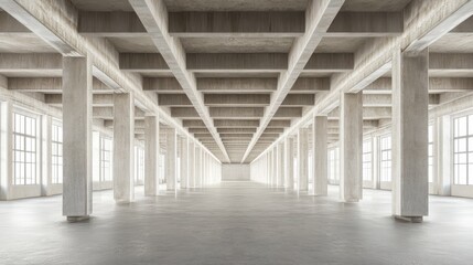 Poster - 3D rendering of an empty wide hall with beams featuring abstract architecture and conceptual design