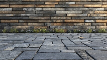 Poster - 3D rendering of stone pavers set against a wooden wall background
