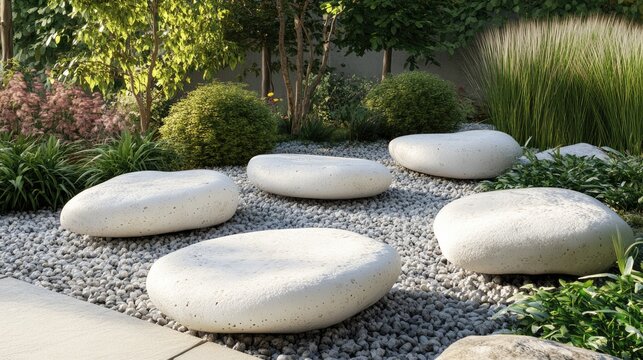 3D rendering of decorative white stones in a garden setting