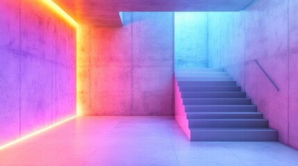 Poster - 3D rendering of a minimalist house featuring an abstract architectural interior with smooth concrete surfaces and a color gradient neon lighting design