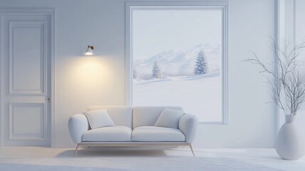 Poster - Scandinavian interior design featuring a sofa in a white room with a winter landscape visible through the window 3D rendering