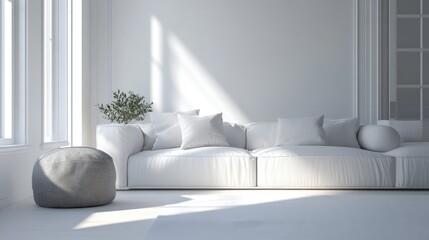 Poster - 3D rendering of a white living room featuring a sofa in Scandinavian interior design style