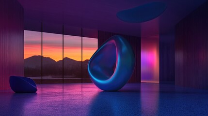 Poster - Abstract minimalist interior featuring a gradient colored sculpture in a night setting 3D rendering and architectural background