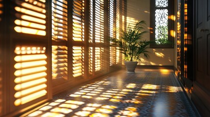 Poster - 3D rendering of evening sunlight filtering through wooden window blinds creating patterns of light and shadow in a decorative interior setting