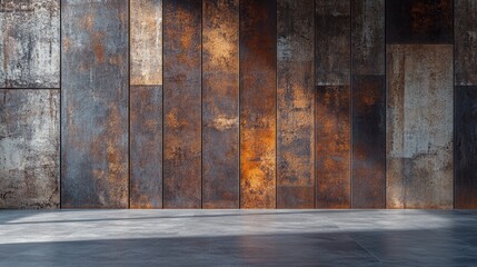 Poster - Empty smooth abstract interior featuring rusted metal sheets and concrete Architectural background in 3D rendering