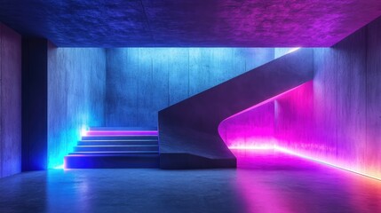 Poster - 3D rendering of a minimalist house featuring an abstract architectural interior with smooth concrete surfaces and a color gradient neon lighting design