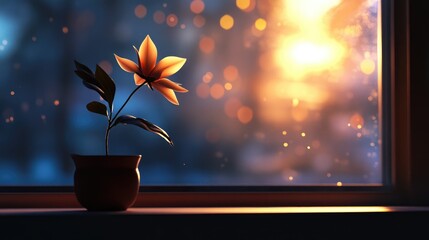 Poster - 3D rendering of a silhouette of an indoor flower on a windowsill