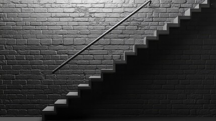 Poster - 3D rendering of a grayscale vertical view of stairs featuring a handrail against a brick wall