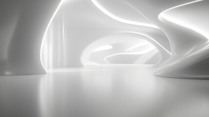 Poster - Abstract smooth white interior design of a futuristic space with backlighting Night view architectural background featuring 3D rendering