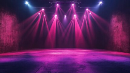 Fototapete - 3D rendering of an empty stage with neon lights spotlights and rays against a dark urban background