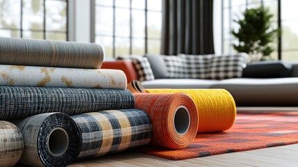 Poster - 3D rendering of decorative wrapping fabric in rolls for interior design