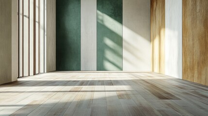 Poster - 3D rendering of an empty room featuring wood flooring and walls in various shades of green white and grey showcasing a clean and minimalist aesthetic